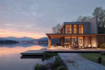 Modern house architecture by lake on white background