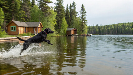 Energetic Black Labrador Dog Jumping in Lake. Cabin Life, Summer Fun, Pet Adventure, Outdoors, and More. Stock Photo.