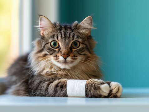 Cat with bandaged paw after blood draw at veterinary clinic