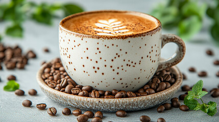 Coffee cup with latte art on saucer surrounded by coffee beans  