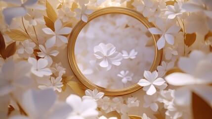 Delicate white flowers arranged around a golden frame.
