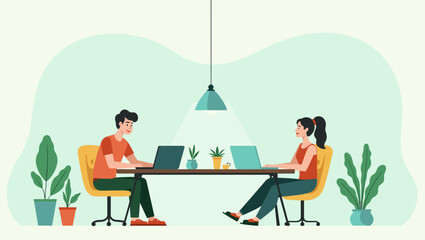 Two young people working together, collaborating in a modern office, with plants and bright lighting