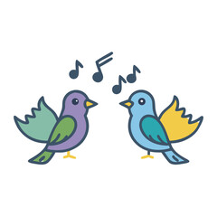 Two colorful cartoon birds singing musical notes, illustration with blue outlines colorful vector icon