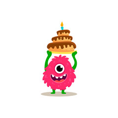 Cute monster isolated on white background for worksheets, magazines, birthday cards. Alien, cartoon character. Fanny monster with cake in flat style. 