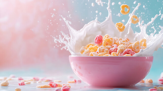 Colorful cereal with milk splashing in a pink bowl