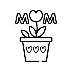 Minimalist line drawing of a potted plant with the word Mom colorful vector icon