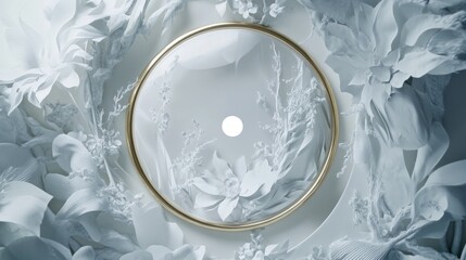 Ornate, light-gray floral design with a golden circular frame.