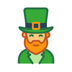 Stylized Leprechaun Portrait with Green Top Hat and Orange Beard colorful vector icon