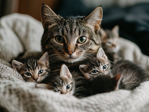 Gray tabby cat lying with kittens on a soft pet bed, cozy and calm family moment.