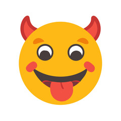 Cute little yellow devil emoji with red horns and sticking out tongue colorful vector icon