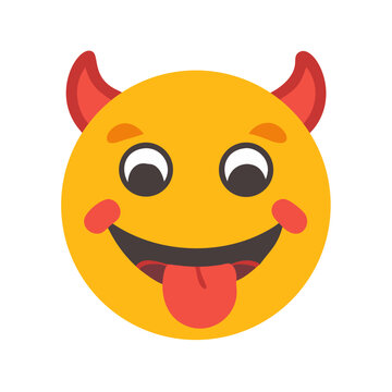 Cute little yellow devil emoji with red horns and sticking out tongue colorful vector icon