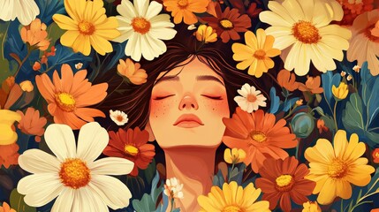 A woman is surrounded by flowers with her eyes shut.
