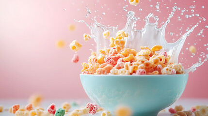 Colorful cereal with milk splash in a blue bowl