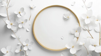 Elegant white flowers arranged around a golden frame.