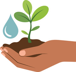 Hand holding a small plant, watered by a drop of water