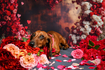 Dachshund dog against the background of St. Valentine's Day