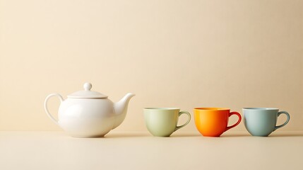 White Teapot With Colorful Mugs Arrangement On Cream Background For Mockup