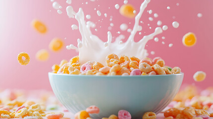 Colorful cereal rings with milk splashing on a pink background