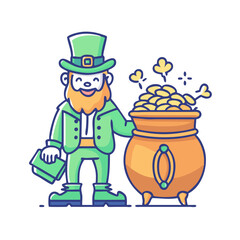 A cheerful leprechaun guarding a pot of gold on St Patricks Day colorful vector icon
