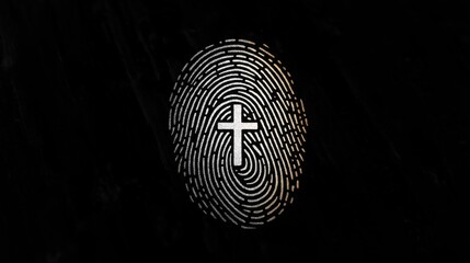 A minimalistic black and white fingerprint design featuring a white cross at the center, symbolizing identity and faith, rendered in clean line art.