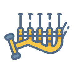 Cartoon scientific equipment filled with a golden liquid connected to one tube colorful vector icon