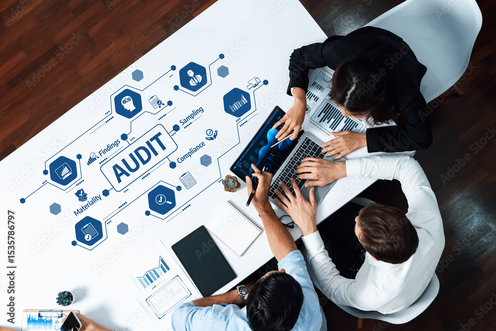 Aufkleber a group of professionals engaged in a collaborative audit process, showcasing digital tools and char