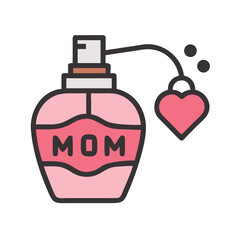 Delightful pink perfume bottle with MOM label and heart shaped charm colorful vector icon