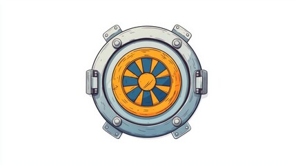 A colorful, stylized porthole design featuring an intricate wheel and metallic frame, perfect for digital art projects.