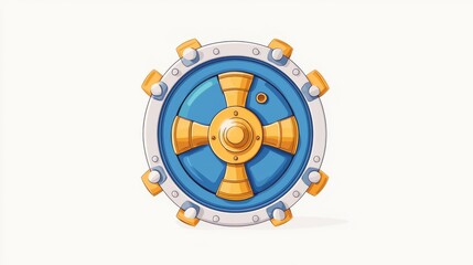 A colorful vault door featuring a blue center and yellow accents in a digital art style.