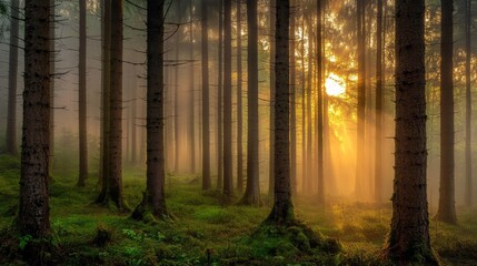 Obraz premium Misty forest with tall fir trees. Foggy mountain forest at sunrise. 
