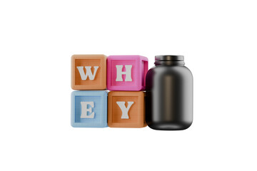 alphabet building block cubes spelling the word whey, transparent background