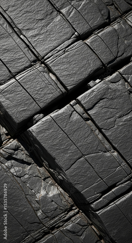 Poster Dark gray stone texture, showing fractured, geometric pattern, creating a rugged and strong appearance symbolizing durability, resilience, and natural power
