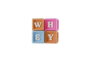 alphabet building block cubes spelling the word whey, transparent background