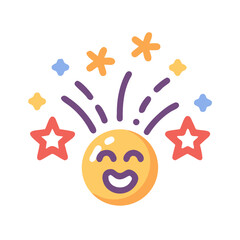 Joyful Celebration Emoji with Bursting Fireworks and Scattered Stars Cartoon colorful vector icon