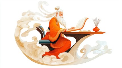 A wise scholar in traditional attire writes harmoniously, surrounded by flowing clouds, symbolizing knowledge and serenity.