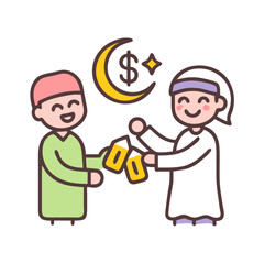 Eid Mubarak celebrations depicting a joyful gathering of friends sharing drinks colorful vector icon