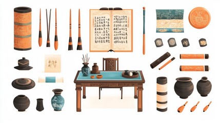 A beautifully arranged traditional writing desk with tools, calligraphy, and decorative items showcasing Asian culture.