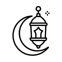 Elegant crescent moon with a hanging lantern and sparkle illustration colorful vector icon