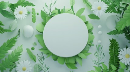 Blank circle display surrounded by greenery and flowers.