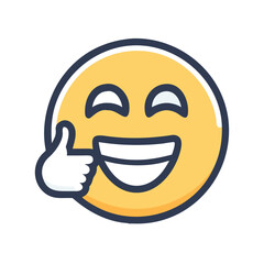 Yellow emoji with a wide smile and a thumbs up gesture on side colorful vector icon