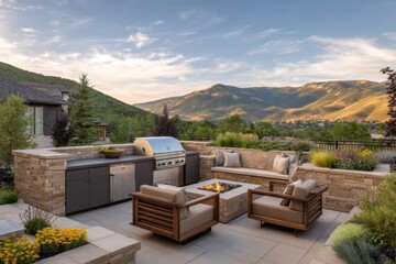 Luxury outdoor kitchen and patio on white background