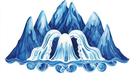 Beautiful illustration of mountains and waterfall in vibrant blue tones, reflecting nature's stunning beauty.