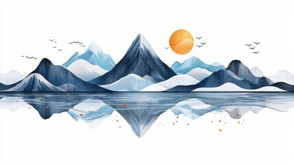 Scenic view of majestic mountains reflected in calm water under a bright sun, evoking tranquility and nature's beauty.