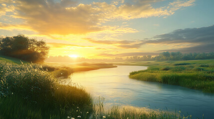 Naklejka premium serene sunset over a grassy river bend