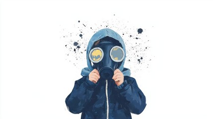 A child wearing a gas mask symbolizes innocence in a troubled world, highlighting environmental concerns and challenges.