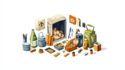 A collection of camping gear and supplies organized on a table, showcasing essential outdoor items for adventure.