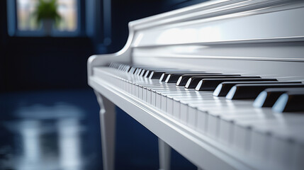 Close-up of white piano keys with a soft blue glow in a minimalist setting