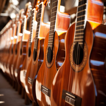 Multiple classical guitars neatly displayed in a bright modern showroom