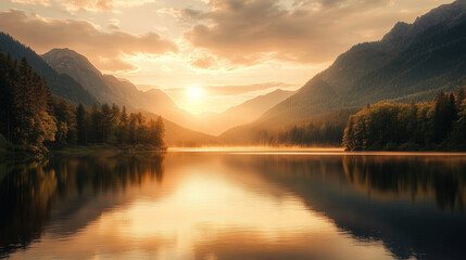 Fototapeta premium serene sunset landscape with golden hour light over calm lake and mountains