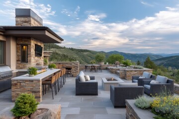 Luxury patio with mountain view on white background